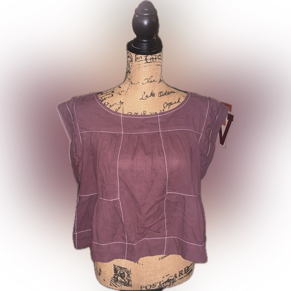 By Anthropologie Cap Sleeve Babydoll Cropped Airy Mauve Purple Cottage Blouse L - Picture 4 of 14